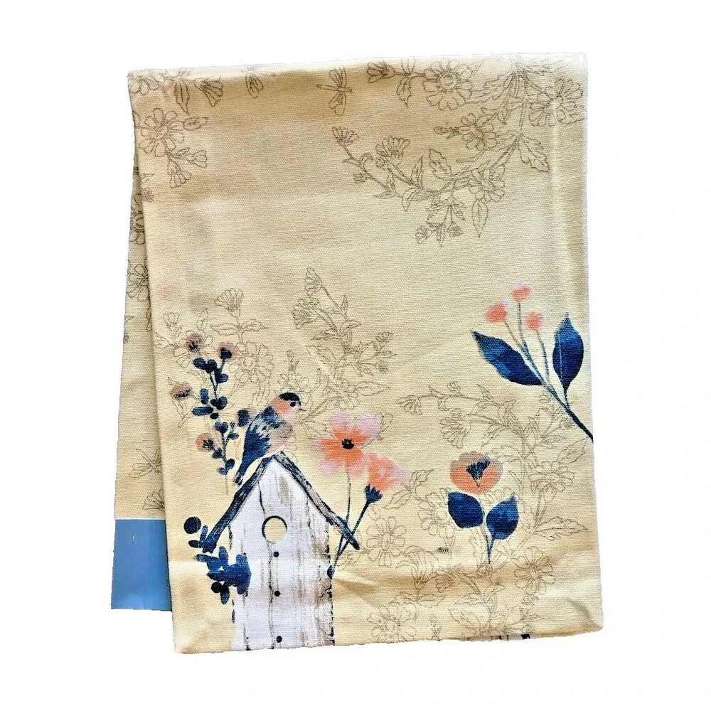 Nantucket Table Runner Yellow Birdhouse Birds Spring Floral 100% Cotton 13X72